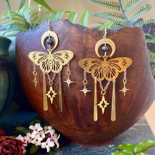 Luna & Moth Earrings, Tahitian Pearl, Crescent Moon, Hippie Jewelry