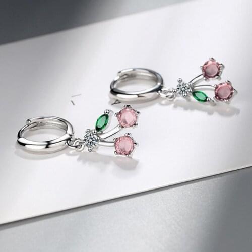 KOFSAC 2021 Earrings Women Cherry 925 Sterling Silver Jewelry Cute Pink Zircon Hoop Earring Girl Valentines Day Accessories Hot