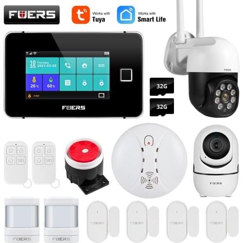 FUERS Alarm System Kit GSM WIFI Alexa Tuya Smart Home Security Wireless 433MHz Fingerprint Siren IP Camera IPR Motion Door Smoke