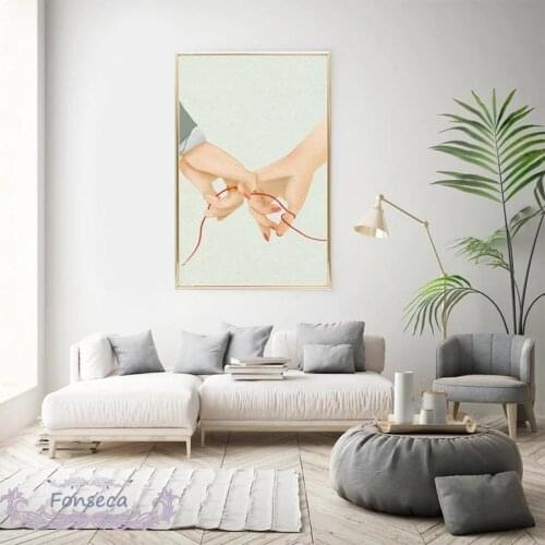 Nordic Couple Holding Hands Canvas Painting Red Line Ring Sweet Love Poster Minimalist Wall Art Home Decor Unique Wedding Gift