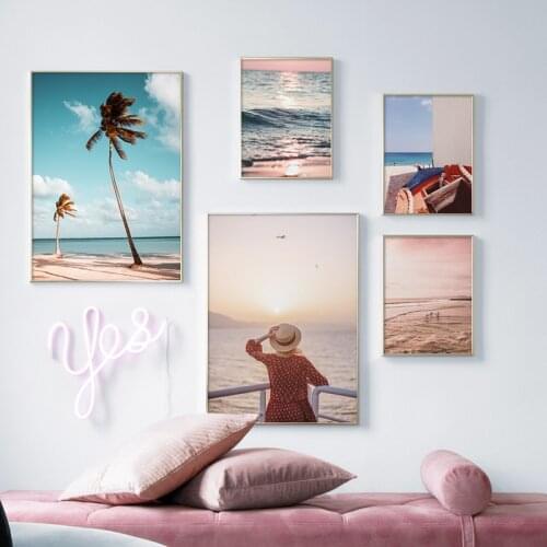 Scandinavian Tropical Landscape Posters Nordic Prints Sea Beach Boat Palm Tree Wall Art Picture Canvas Painting Home Decoration