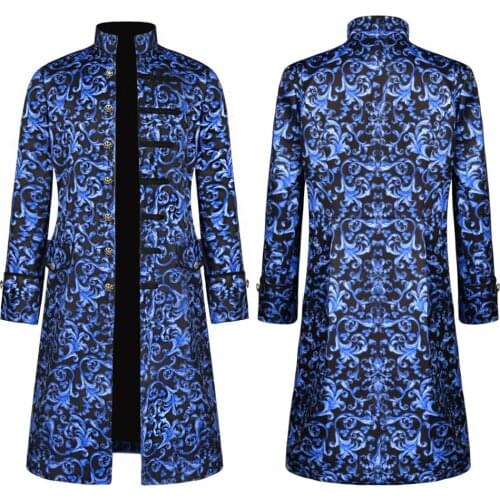 Medieval Men Long Sleeve Coat Vintage Tailcoat Blue Print Jacket Overcoat Outwear Vintage Standing Collar Prince Coat