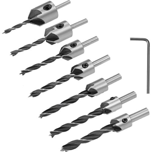Uxcell 7pc Countersink Drill Bit Set 3-10mm Quick Change Drill Bit w Hex Key Adjustable Carpentry Reamer Plated for Wood DIY
