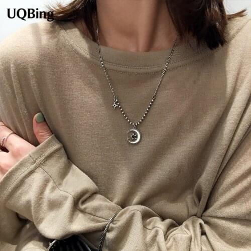 Vintage Black Zircon Moon & Star Charm Pendant 925 Sterling Silver Women Necklaces Jewelry