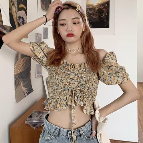 Womens Off Shoulder Floral Blouses Square Collar Sexy Sweet Pleated Short Chiffon Shirt Tops