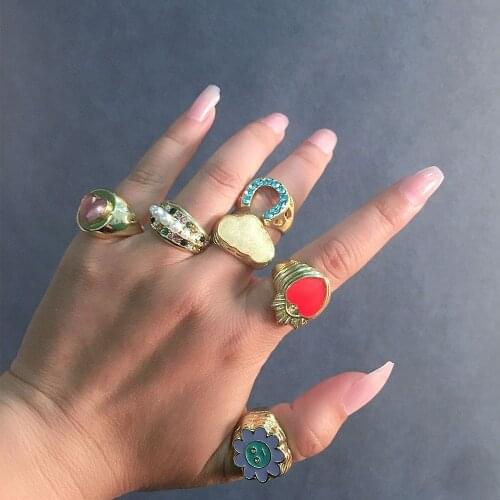 Flatfoosie Korean New Cute Flowers Clouds Enamel Rings For Women Colorful Rhinestone Geometric Heart Rings 2021 Trendy Jewelry