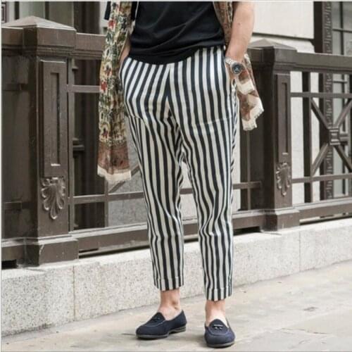 S-4xl Summer Thin Section Men Casual Linen Nine Pants Fashion Black And White Striped Style Harem Pants Feet Slim Tide Costumes