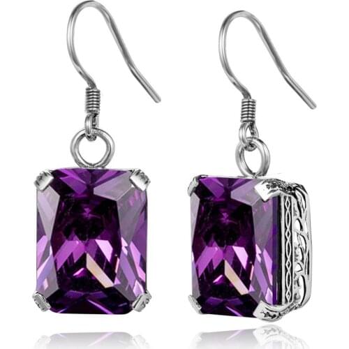 Szjinao Women Sterling Silver Earrings Amethyst White Gold Earrings Gemstones Square Fine Jewellery Engrave Kolczyki Recommend