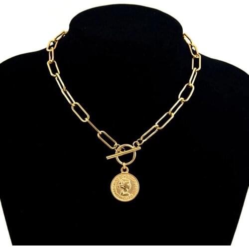 Vintage Metal Coin Necklace For Women Stainless Steel Elizabeth Medallion Pendant Toggle Necklace Long Choker Jewelry Collier