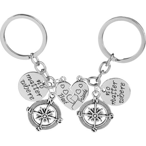 2 Pcs Best Friends No Matter Where Compass Key Chain Set Heart Best Friend Gifts for Teen Girls BFF Friendship Key Rings