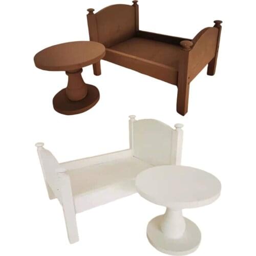 2 Pcs Mini Bed+Bedside Table Set Newborn Photography Posing Props Mini Desk Crib