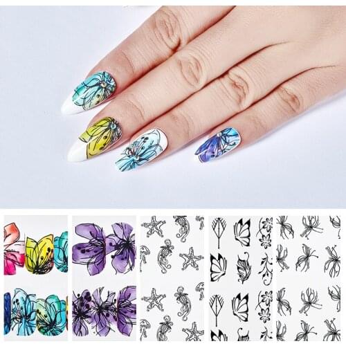 5PCS/Set Nail Water Decals Butterfly Daisy Lavender Nail Sticker Animal Series Ocean Cat Plant Transfer Sticker Manicure