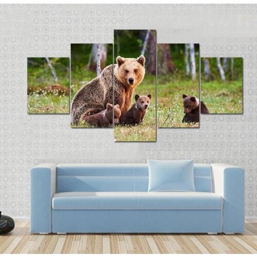 5 Pieces Wall Art Canvas Painting Brown Mother Bear Protecting Her Cubs Animal Poster Modern Home Decor Painting For Bedroom
