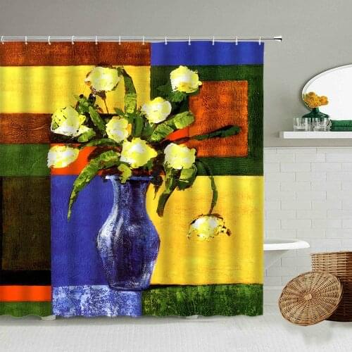 Abstract Color Floral Vase Shower Curtain Oil Painting Art Design Bathroom Bathtub Blackout Waterproof Polyester Cloth Curtains