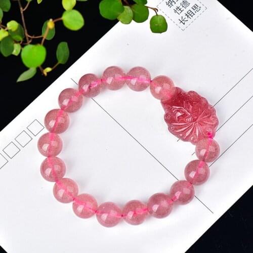 Open light Strawberry Natural Crystal Bracelets Round Beads With Nine Tails Fox Lucky Beauty for Women Gift Crystal Jewelry