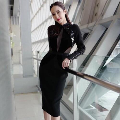 Magic Sequin Mesh Patchwork Black Bandage Dress Long Sleeve Geometric Zip Embellished Back Slit Midi Sheath Femme Dress