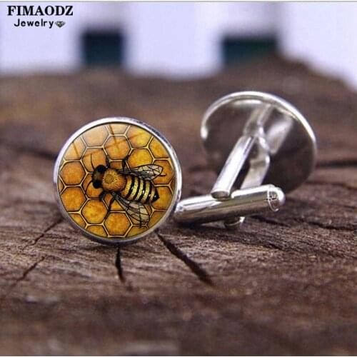 FIMAODZ Vinrage Honey Bee Cufflinks Honeycomb Beehive Photo Glass Round Cuff Links Buttons