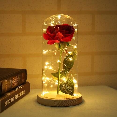 Beautiful Artificial Red Rose Glass Cover Beauty and the Beast LED Light with Fallen Petals in a Glass for Wedding Birthday Gift