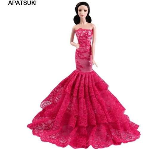 Red Lace Wedding Dress Party Gown for Barbie Doll Clothes Fishtail Outfits Clothing Handmade DIY Toys for Children 1/6