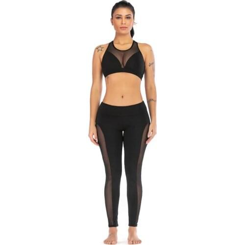 Fashion Sports Suit Sexy Yoga Fitness Vest Without Rims fitness Bra Trousers Set Mesh Perspective Stitching