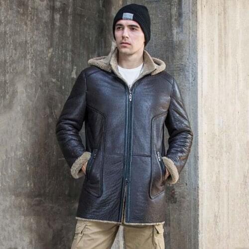 Mens Shearling Coat Hooded Leather Jacket Long Fur Outerwear Natural Sheepskin Overcoat Wool Parkas
