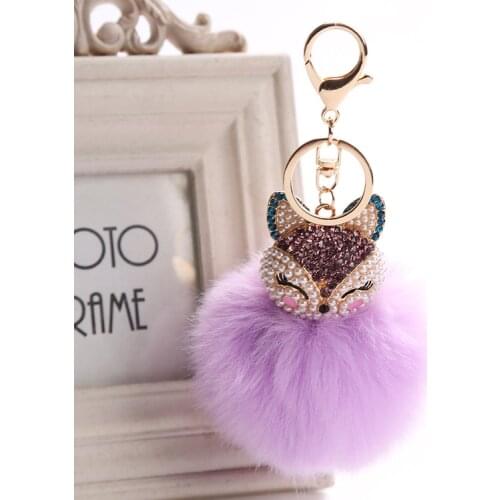 Fancy&Fantasy New Rabbit 8cm Fur Ball Keychain Fox Head Inlay Pearl Rhinestone Car Key Chain Handbag Key Ring Delicate