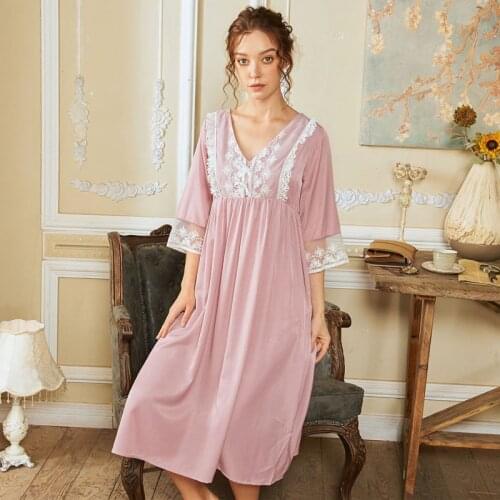 Wasteheart Women Female Blue Pink Sexy Sleepwear Night Dress Long Lace V Neck Luxury Nightwear Homewear Nightgown Sleepwear Gown