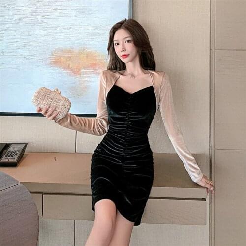 Real Shot 2020 Autumn And Winter Clothing New Fashion Long-Sleeved Gold Velvet Thin Temperament V-Neck Pleated Hip Dress