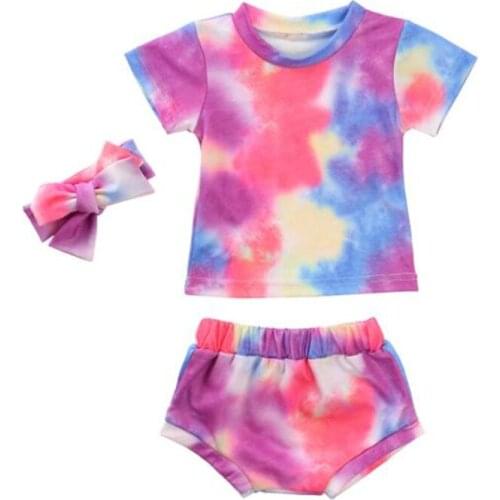 New Summer Toddler Baby Girls Clothes Sets Short Sleeve T Shirts Solid Shorts Headband 3pcs Set