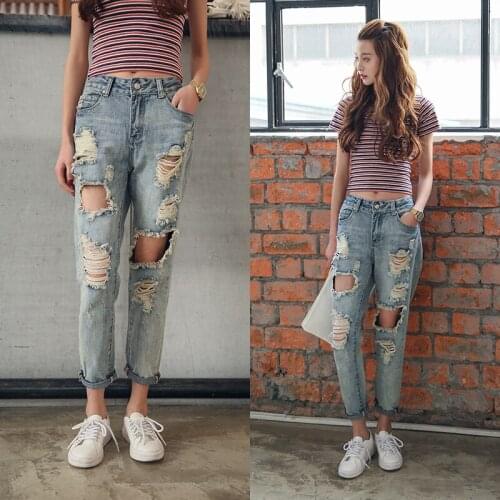 New Slim Harem pants Vintage High Waist Jeans womens pants full length pants loose Holes cowboy pants