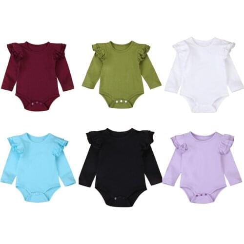 Infant Baby Girls Solid Ruffles Cotton Romper Long Sleeve Outfits Jumpsuit Clothes