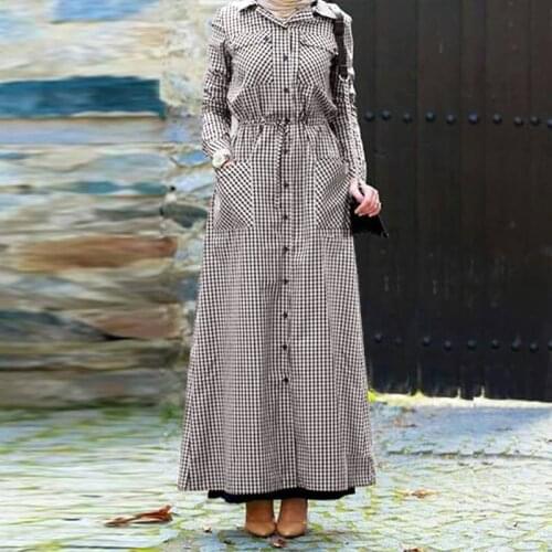 ZANZEA Women Spring Lapel Neck Long Sleeve Abaya Hijab Dress Elegant Plaid Checked Long Shirt Dress Dubai Turkey Kaftan Vestidos