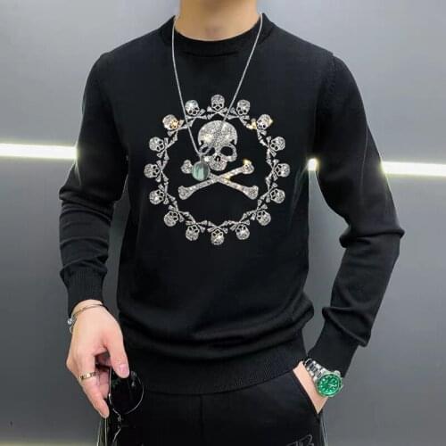 Top Rhinestone Heavy Craft Skull Knit Pullover Slim-Fit Thick Winter and Autumn Brand Mens Sweater