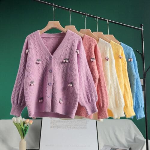 Spring and Autumn Japanese Short Cherry Knit Cardigan Women Loose Western Style Blouse Long Sleeve V-Neck Sweater Jacket