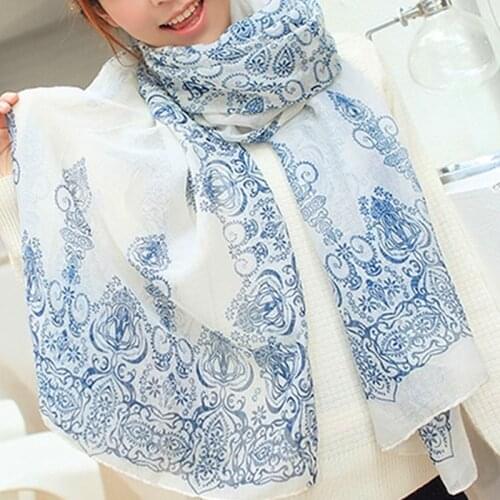 High Quality Long Chiffon Silk Scarves Cape Woman Fashion New Design Blue And White Porcelain Scarf Flower Print Scarves