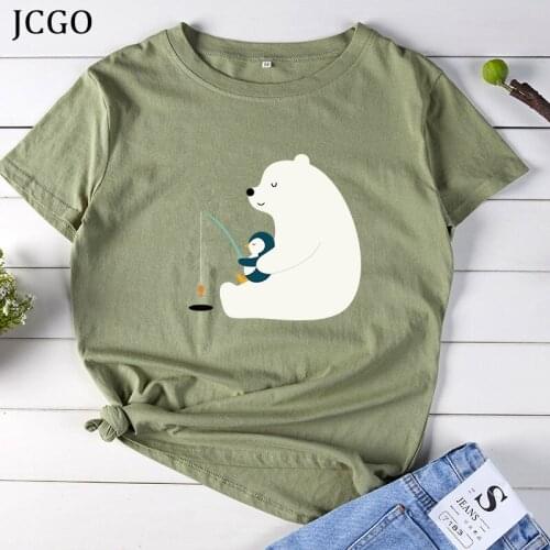 JCGO Women T Shirt Summer Cotton Plus Size 5XL Cartoon Bear Fishing Print Short Sleeve O-Neck Casual Female TShirts Tops Tee