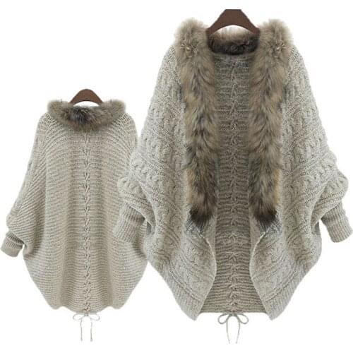 Womens Cardigan Long Sleeve Loose Fur Collar Sweater Batwing Sleeve Knit Cardigan Fur collar Coat Luxury Clothes roupas feminina