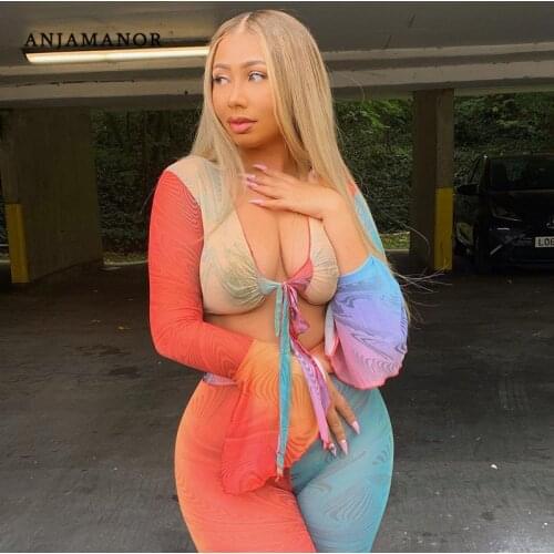 ANJAMANOR Colorful Mesh Printed Two Piece Club Outfits Sexy Pant Suits 2021 Fashion Matching Sets Leggings and Crop Top D85-CB16
