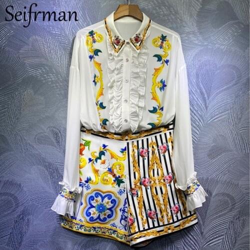 Seifrmann Summer Women Fashion Runway Shorts Set Ruffles Lantern Sleeve Loose Blouses+Striped Floral Print Shorts Two Pieces Set