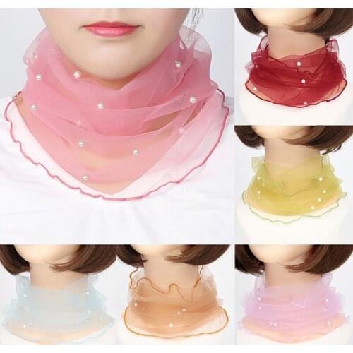 1pc Elegant Transparent Women Ladies Scarf Fake Pearl Decor Mesh Necklace Circle For Autumn Clothing Accessories