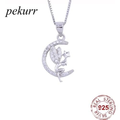 Pekurr 925 Sterling Silver Star Butterfly Fairy Zircon Moon Necklace For Women Crystal Elves Moon Pendants Fashion Jewelry Gift