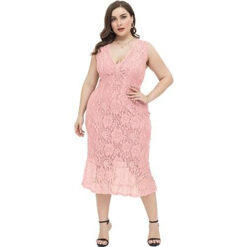 Spring Summer Plus Size Dress Women Robes Slevessless Deep V Neck Sexy Lace Dresses Women Midi Club Party Dresses