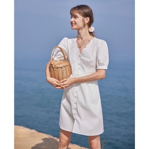 Women Dress French Retro Embroidery Embroidered V-neck High Waist Dress Lace White Lantern Sleeve