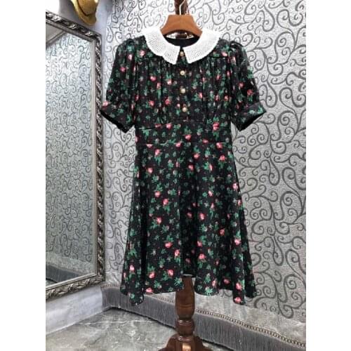 Newest Fashion Autumn Dress 2021 High Quality Women Lace Turn-down Collar Vintage Jacquard Floral Print Casual Green Dress Slim