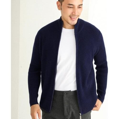 Winter thick cashmere cardigan mens casual middle-aged cashmere sweater full zipper simple texture warm jacket