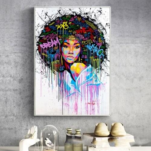 Abstract Graffiti Art Canvas Painting African Girl Posters Prints Black Woman Cuadros Wall Art Pictures for Living Home Decor