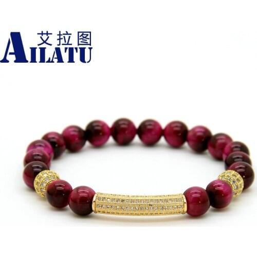 Ailatu Fashion Men & Women Jewelry Wholesale 8mm A Grade Roseo Tiger Eye Stone Micro Inlay Clear Cz Tube Beaded Bracelets