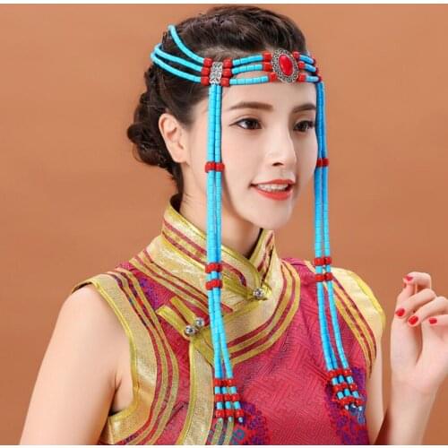 Festival costume accessories women elegant headdress beautiful mongolia long hair accessories princess cosplay headwear