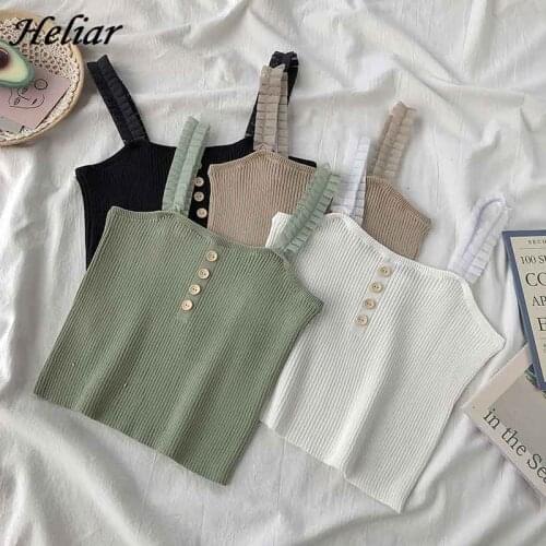 HELIAR Crop Solid Camis With Button 2019 Summer Women Knitted Camisole 2019 Summer Ladies Sleeveless Crop Femme Solid Camis
