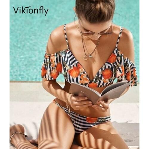 Vikionfly Push Up Ruffle Swimwear Bikini Women 2019 Summer Sexy Cheeky Bottom Swimsuit Female Off The Shoulder Bathing Suit